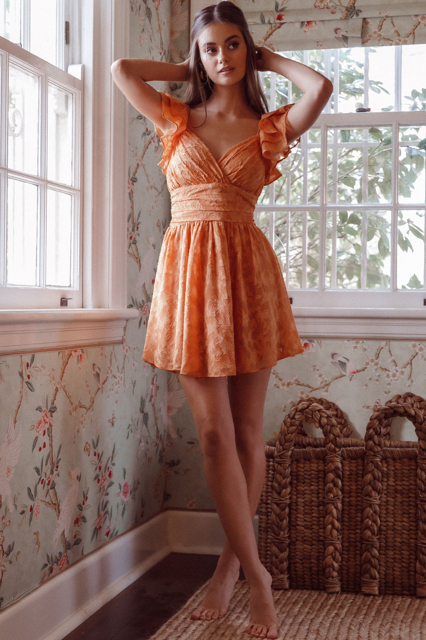 Lola Ruffle Shoulder Ruched Dress Textured Orange by Selfie Leslie Australia