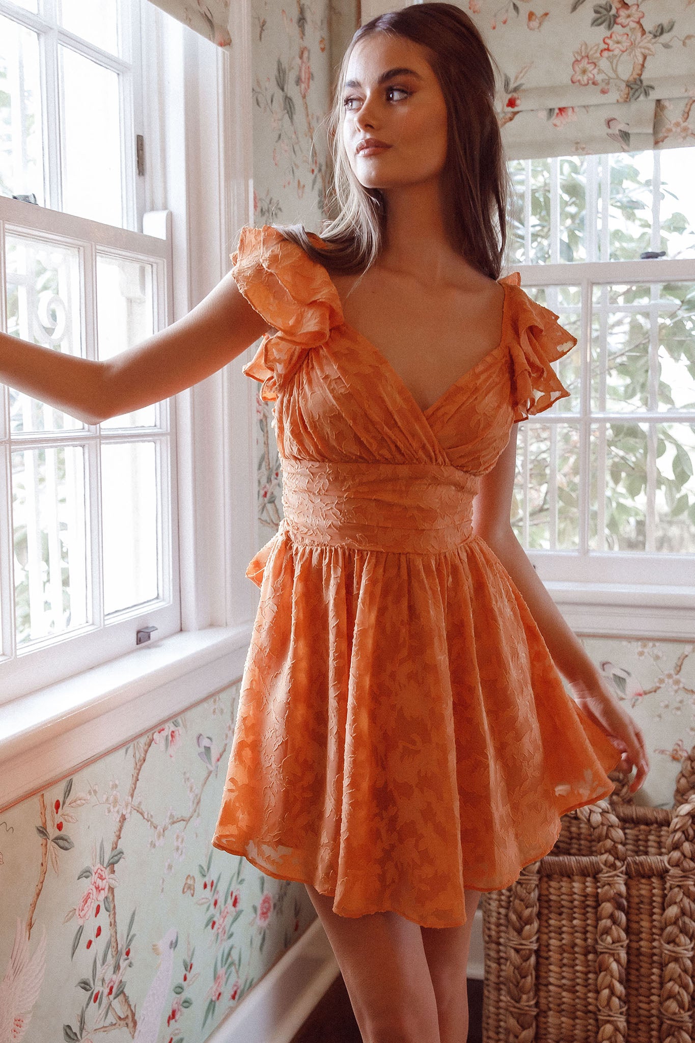 Lola Ruffle Shoulder Ruched Dress Textured Orange by Selfie Leslie Australia