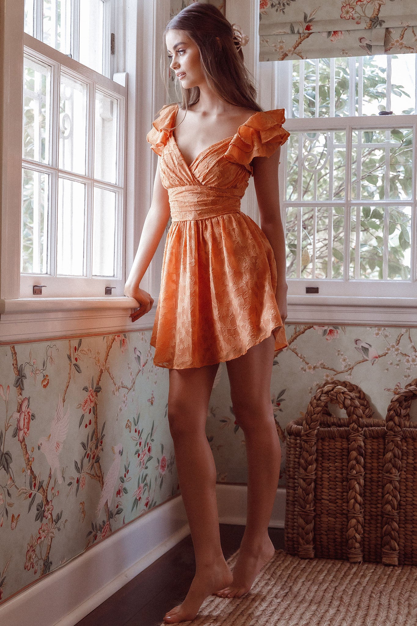 Lola Ruffle Shoulder Ruched Dress Textured Orange by Selfie Leslie Australia