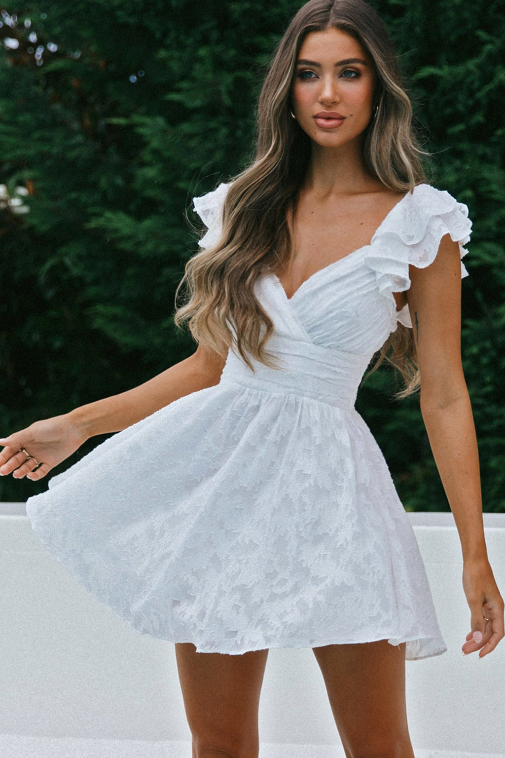 Lola Ruffle Shoulder Ruched Dress Textured White by Selfie Leslie
