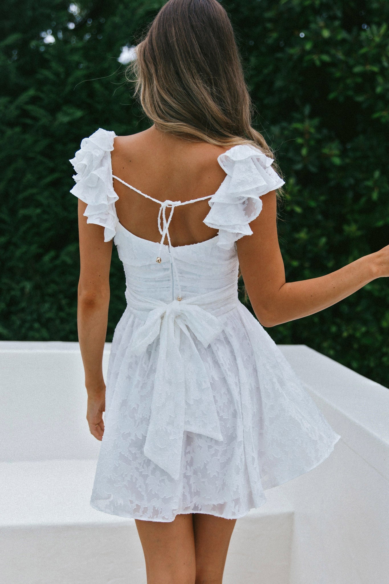 Lola Ruffle Shoulder Ruched Dress Textured White by Selfie Leslie