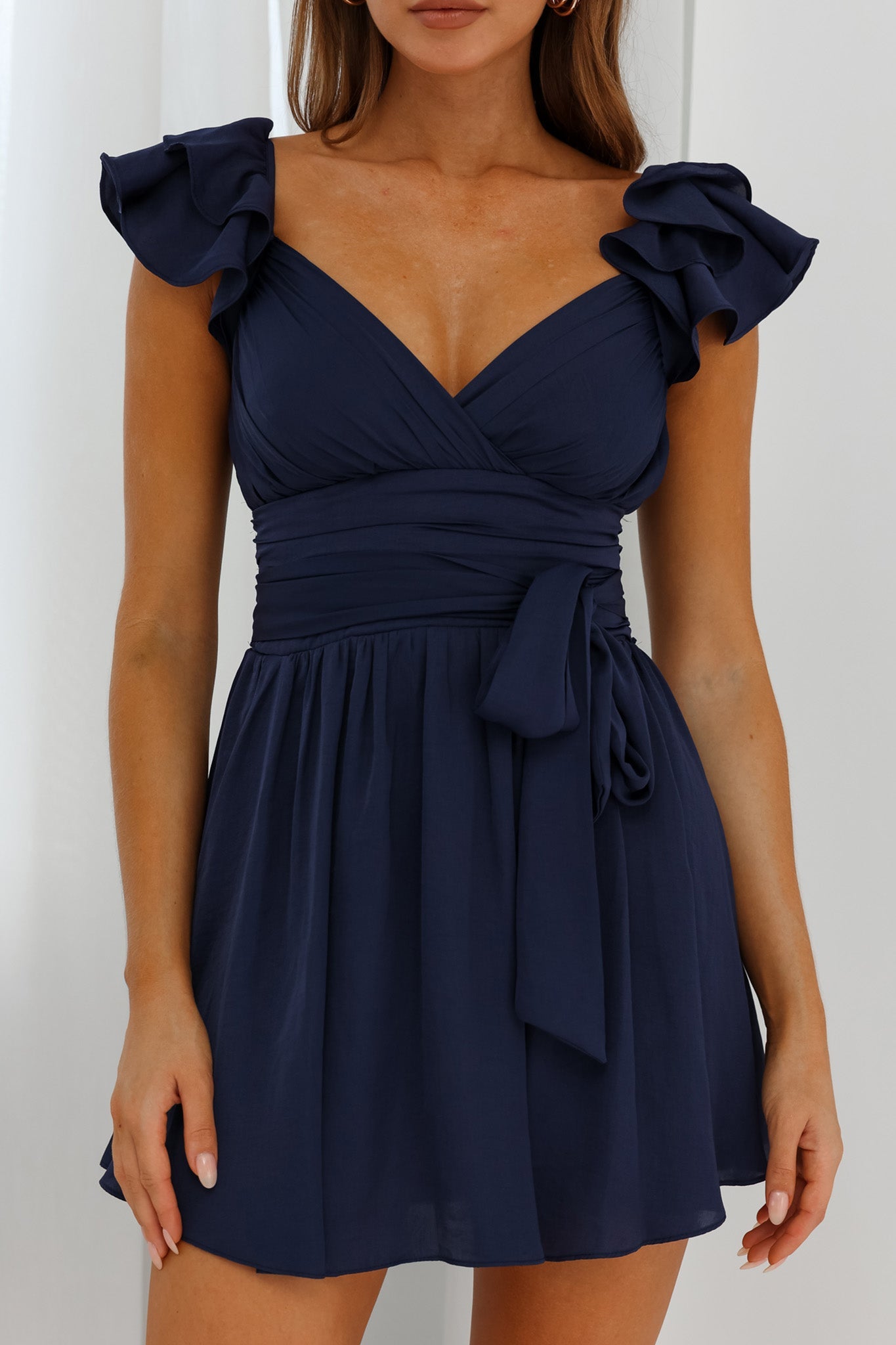 Lola Ruffle Shoulder Ruched Dress Navy by Selfie Leslie