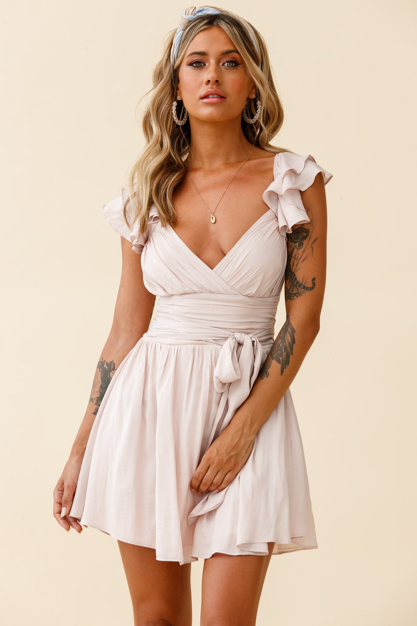 Lola Ruffle Shoulder Ruched Dress Nude by Selfie Leslie