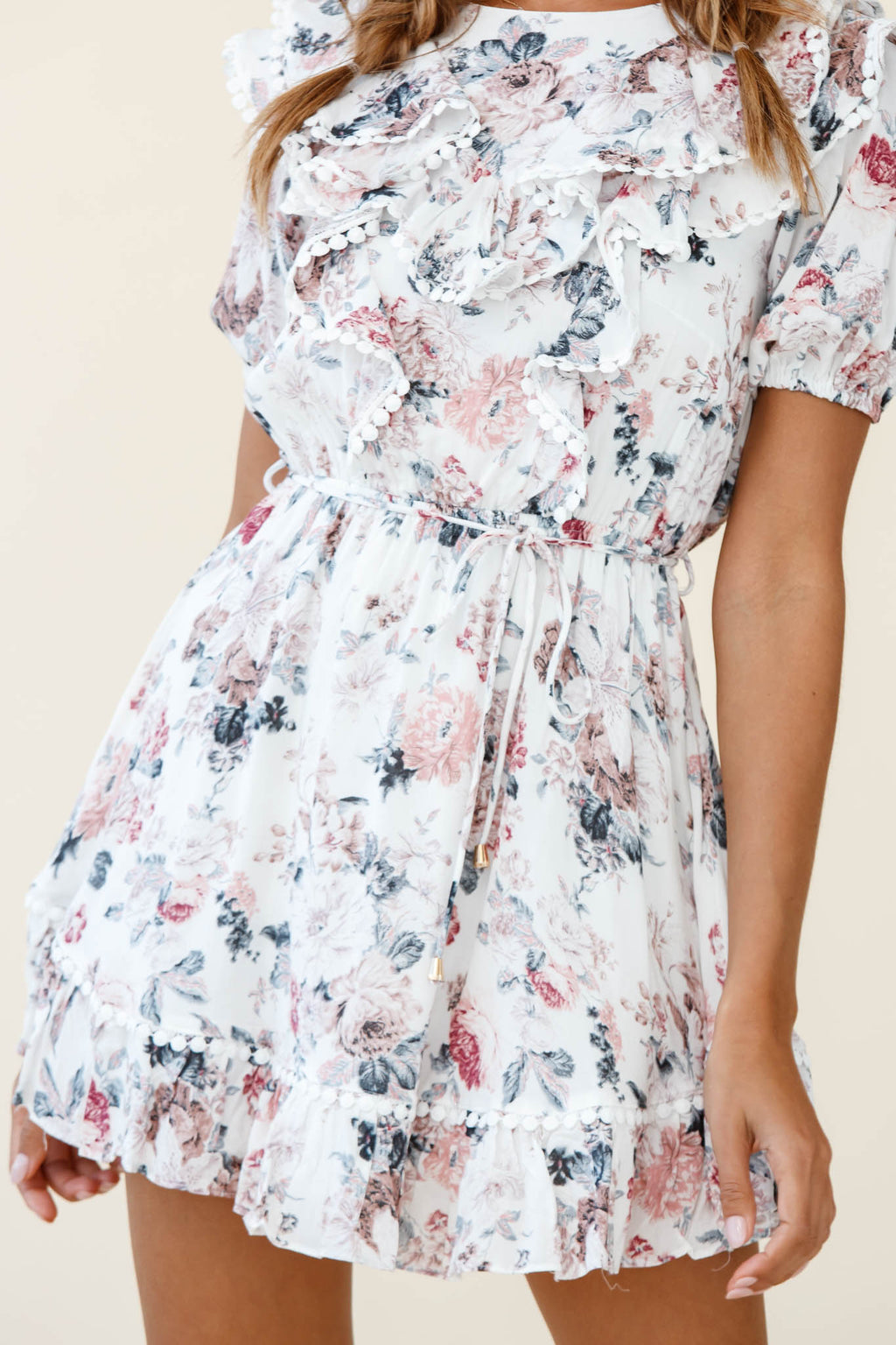 Finders Keepers Ruffle Trim Lace-Up Back Dress Floral Print White by Selfie Leslie