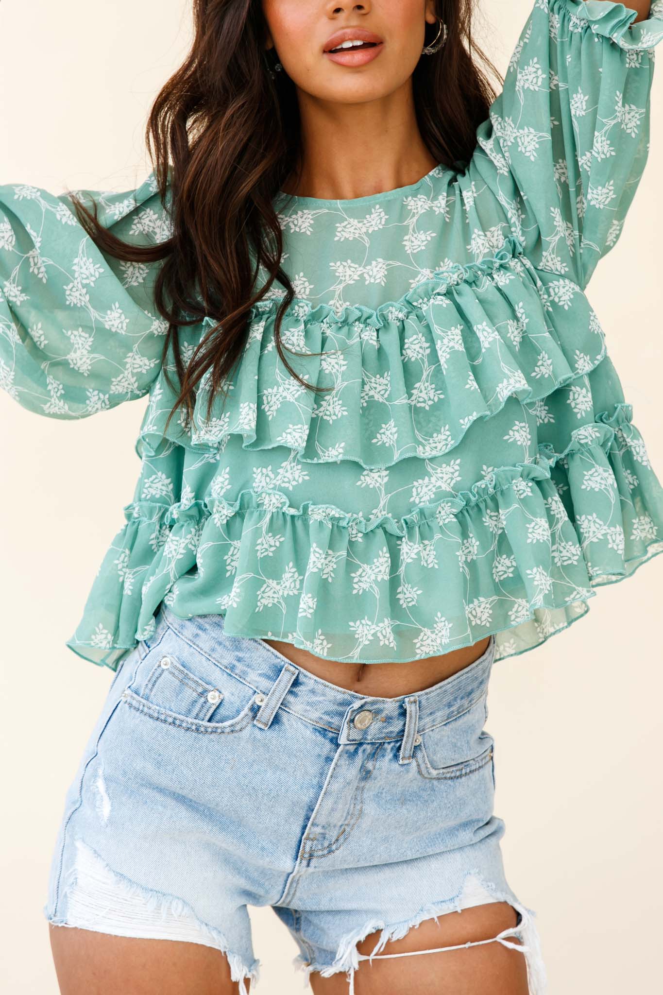 Float On By Layered Ruffle Crop Top Leaf Print Green by Selfie Leslie