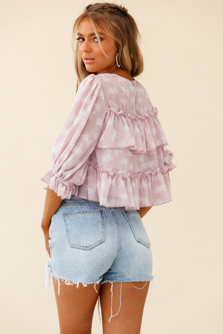 Float On By Layered Ruffle Crop Top Leaf Print Pink by Selfie Leslie