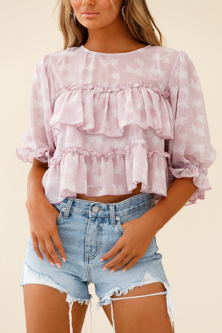 Float On By Layered Ruffle Crop Top Leaf Print Pink by Selfie Leslie