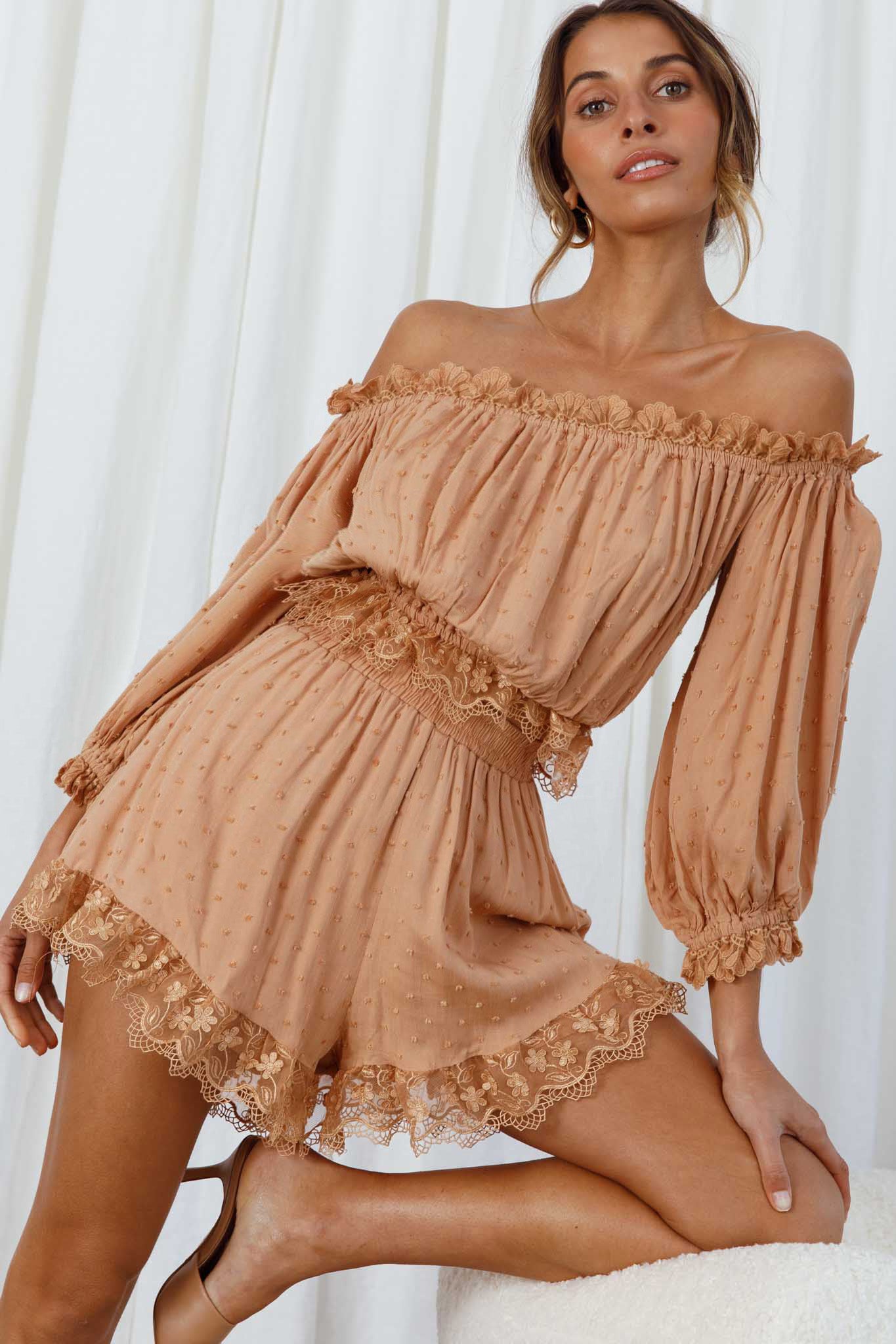 Romilly Scalloped Lace Trim Shorts Tan by Selfie Leslie