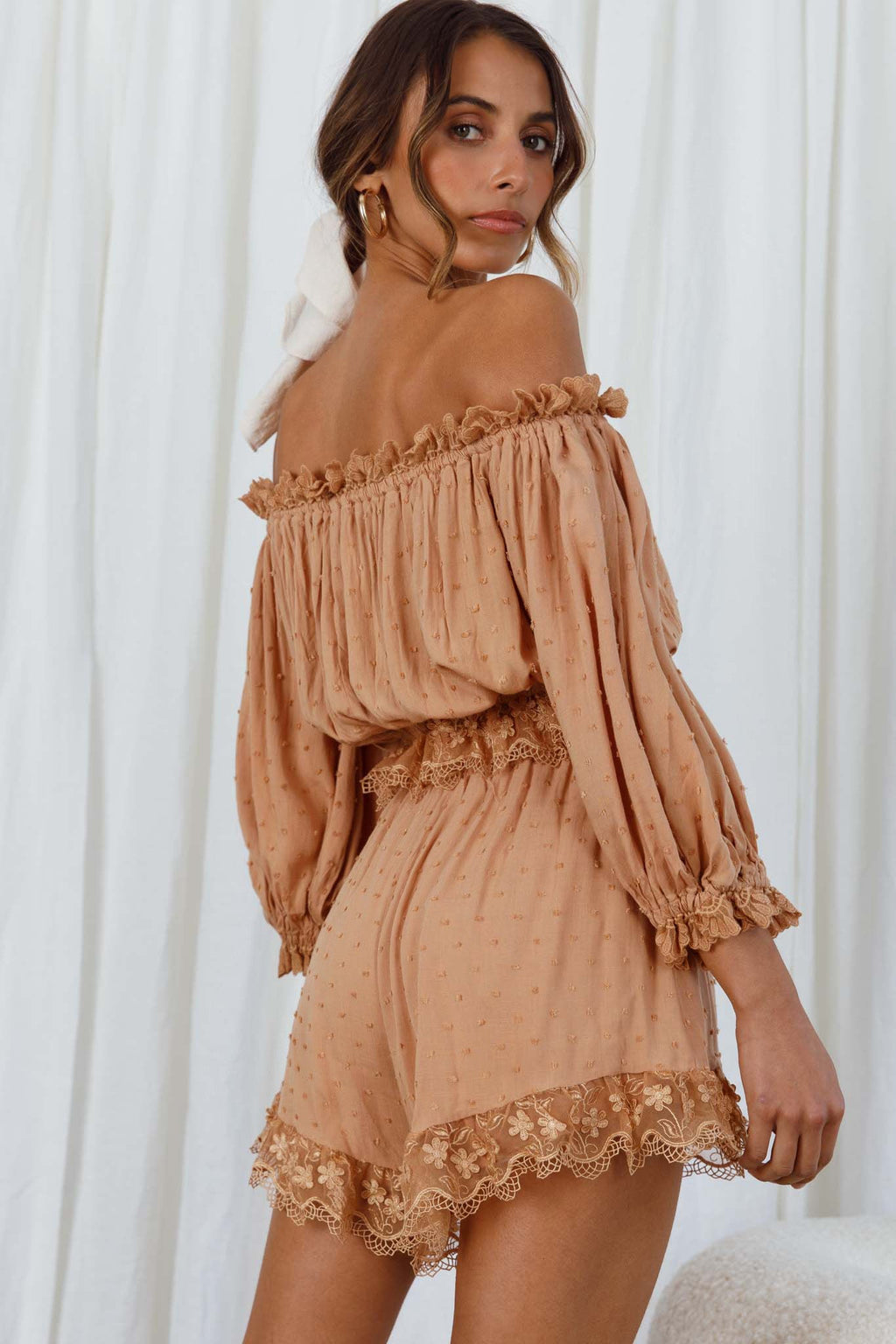 Romilly Scalloped Lace Trim Shorts Tan by Selfie Leslie