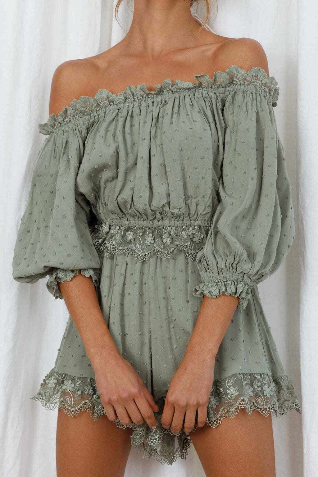 Romilly Scalloped Lace Trim Off-Shoulder Top Olive by Selfie Leslie