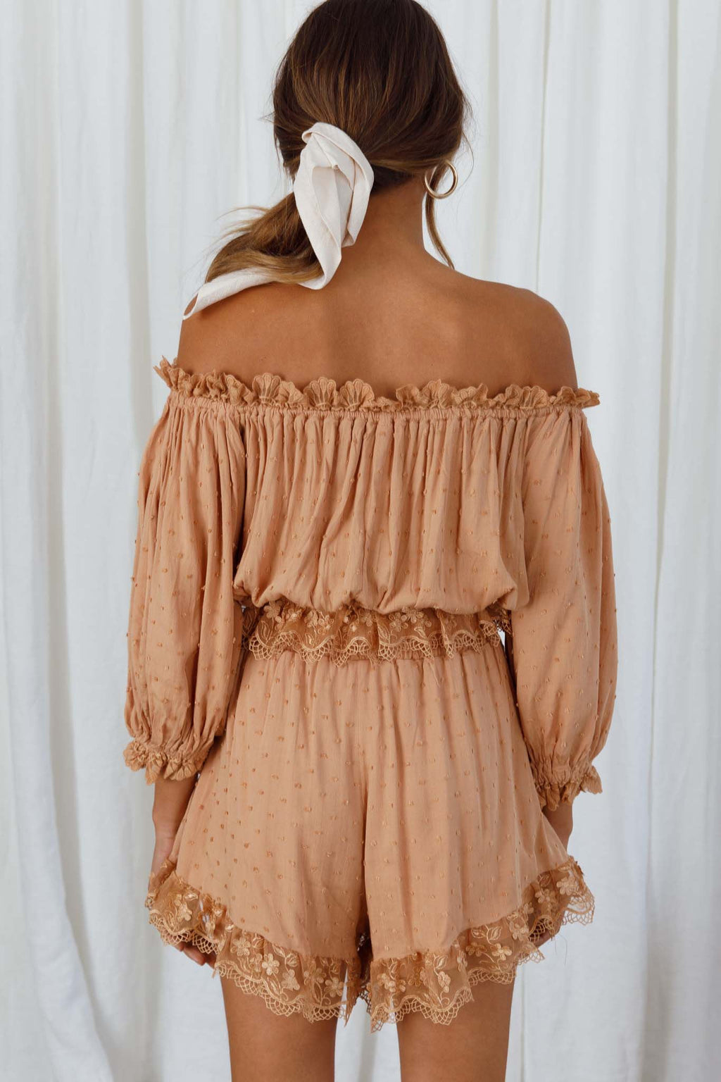 Romilly Scalloped Lace Trim Off-Shoulder Top Tan by Selfie Leslie