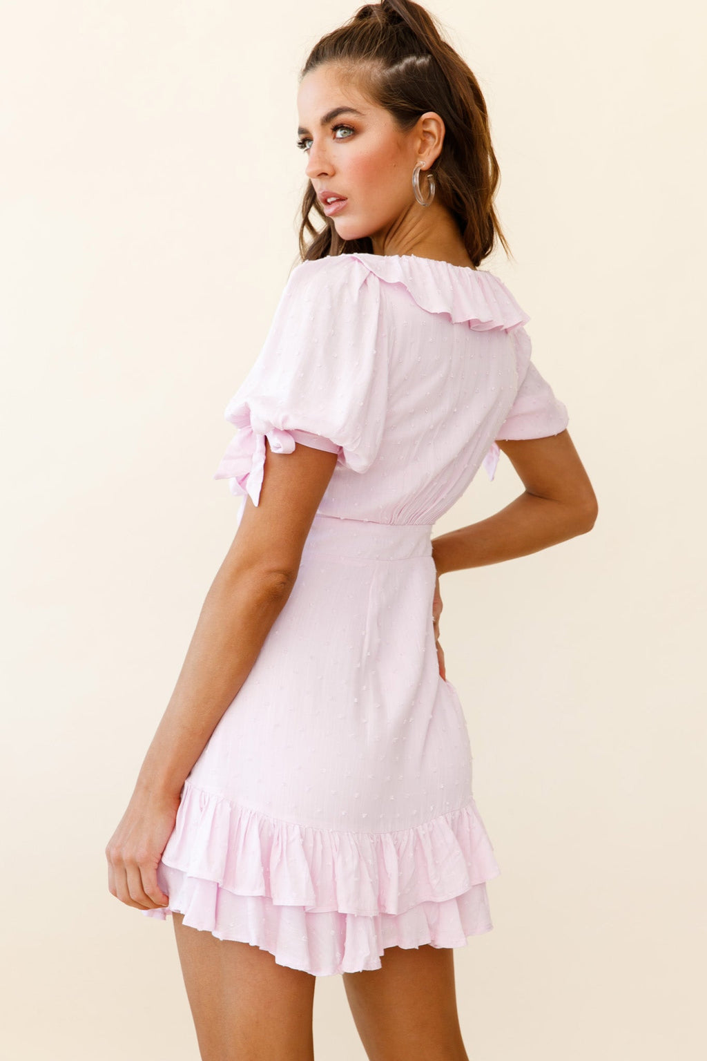 Emery Tied Bust Puff Sleeve Ruffle Dress Baby Pink by Selfie Leslie