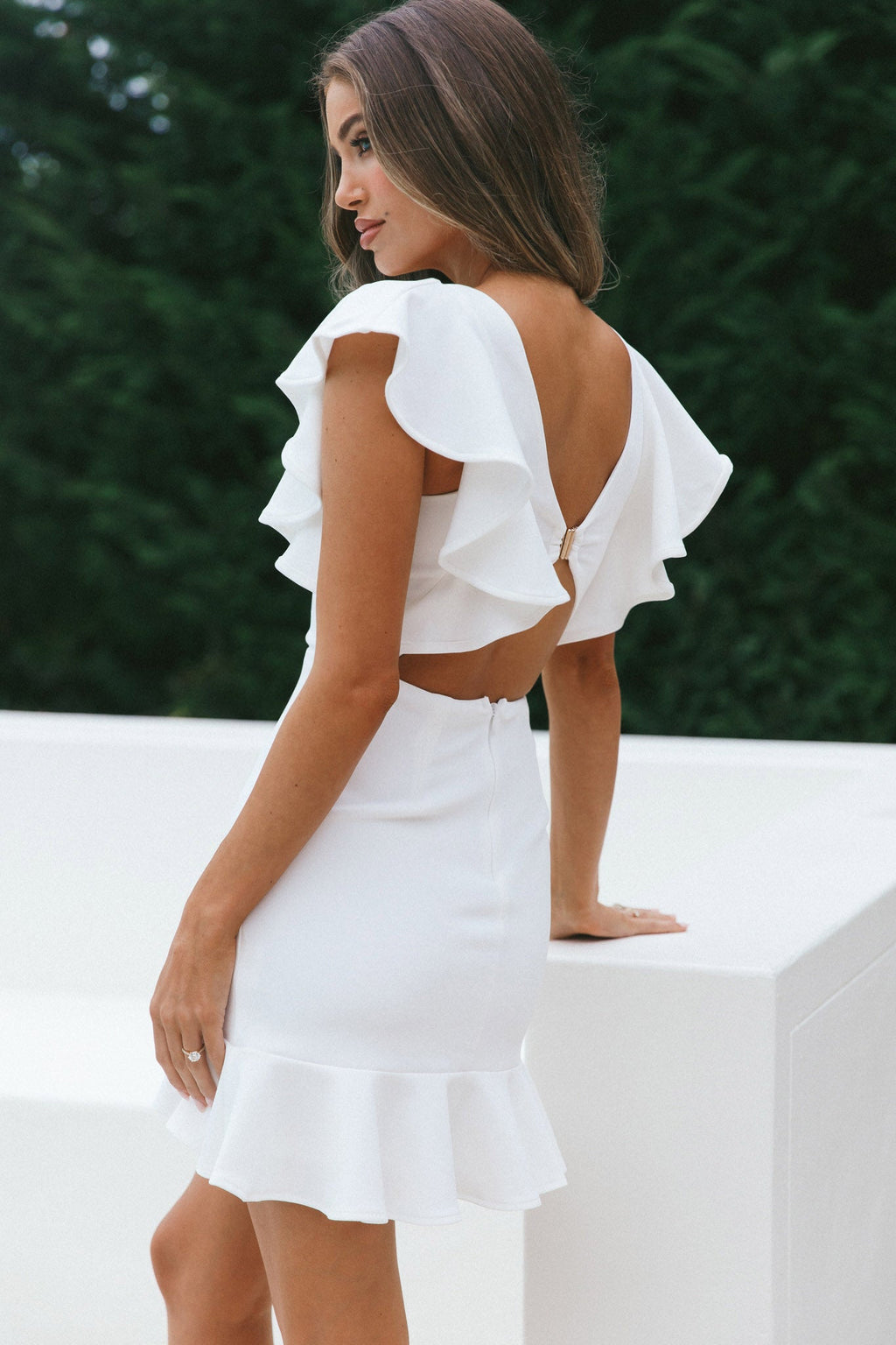 Cupid's Bow  V-Neckline Ruffle Shoulder Bodycon Dress White by Selfie Leslie