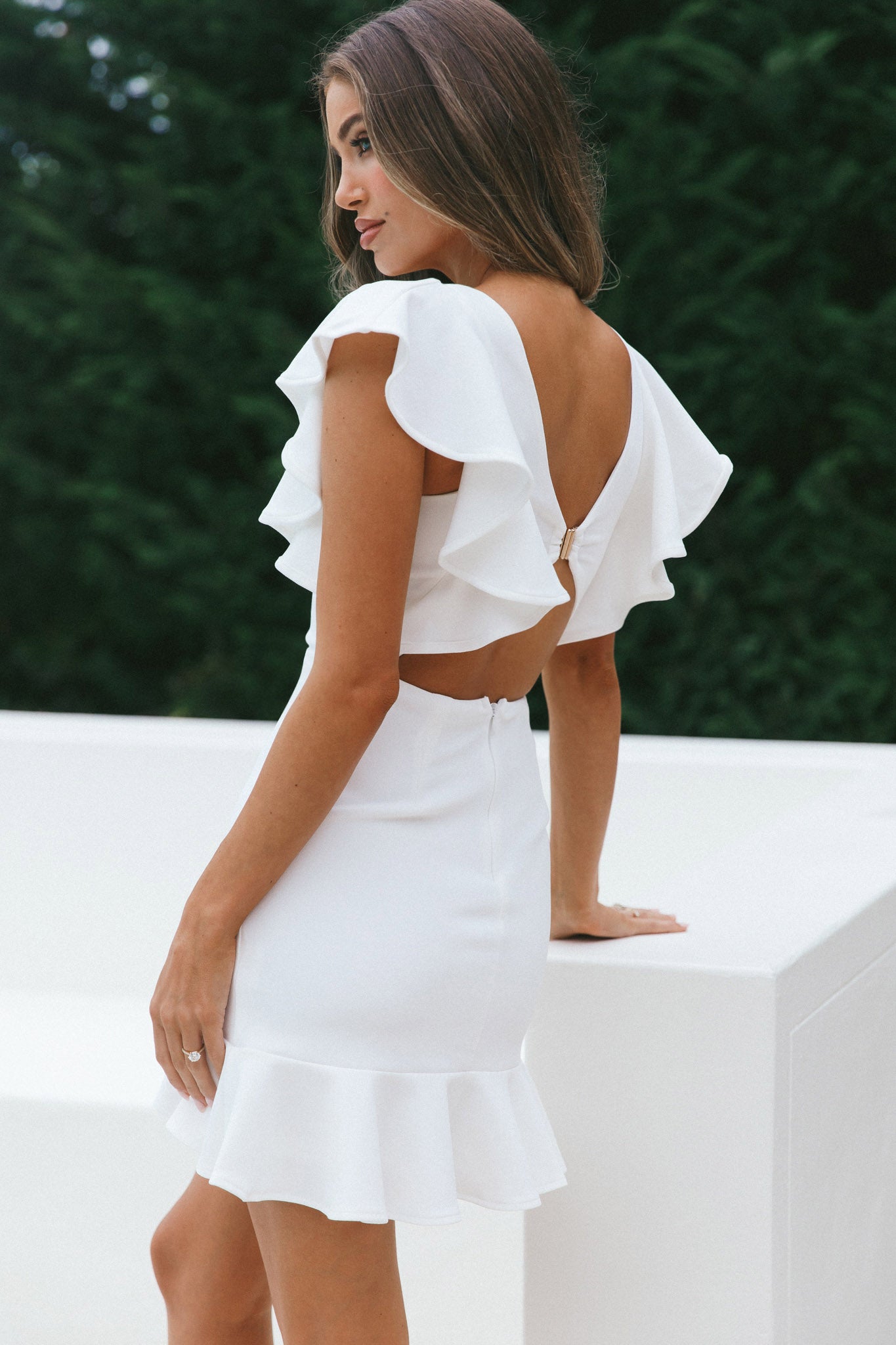 Cupid's Bow  V-Neckline Ruffle Shoulder Bodycon Dress White by Selfie Leslie