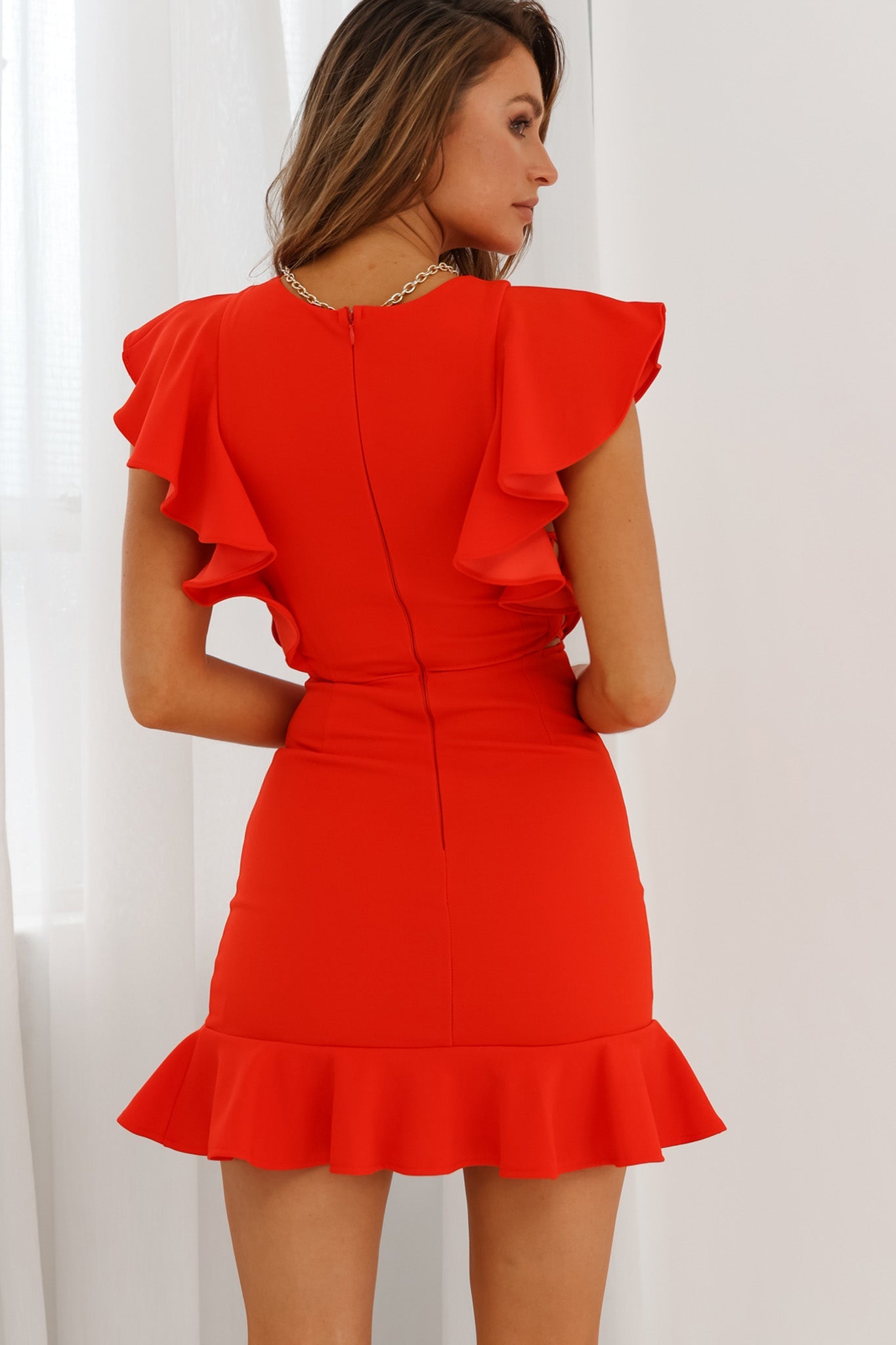 Cupid's Bow Ruffle Shoulder Bodycon Dress Red by Selfie Leslie