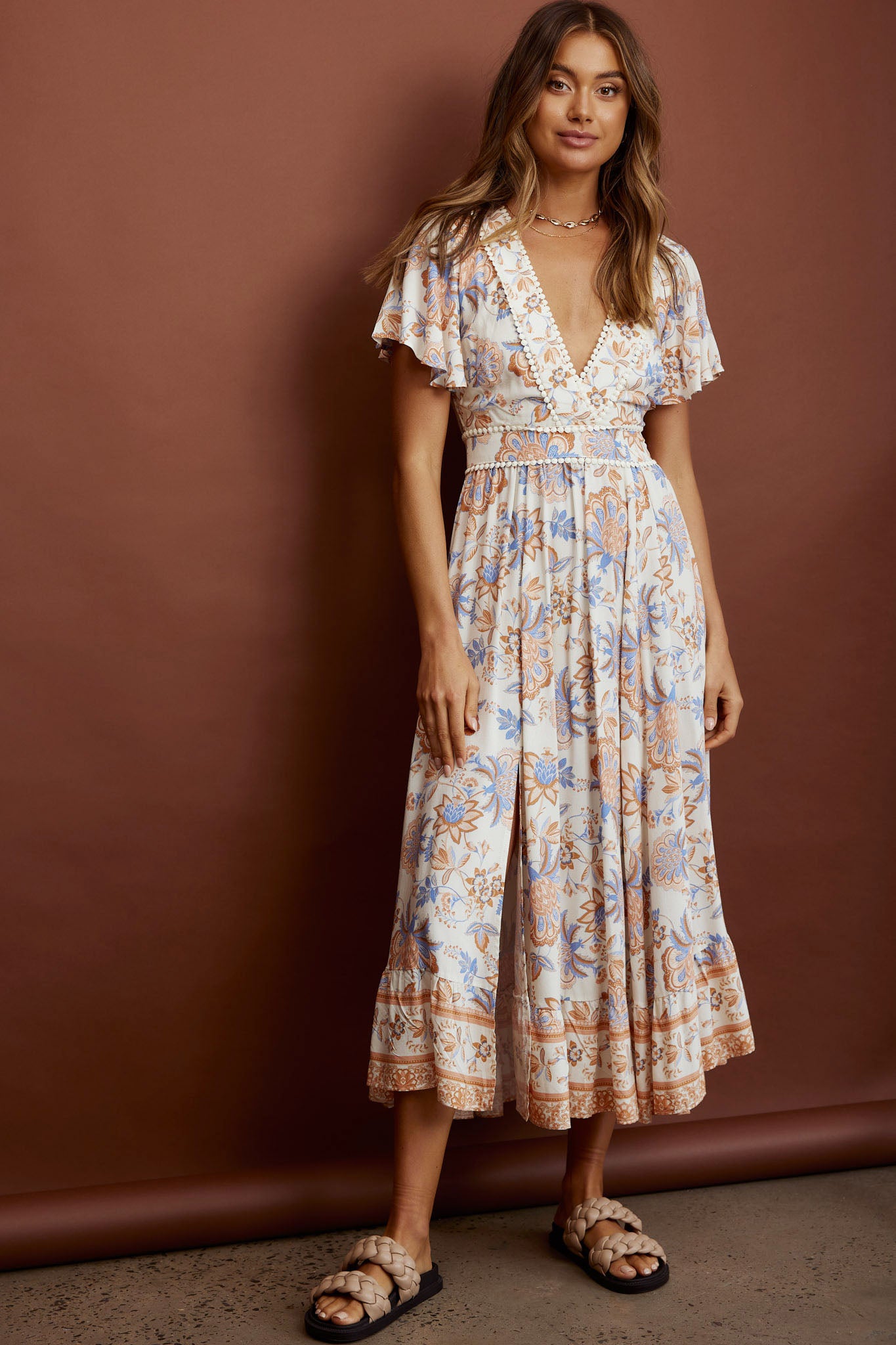 Kailee Short Sleeve Midi Dress Beige/Rust by Selfie Leslie Australia