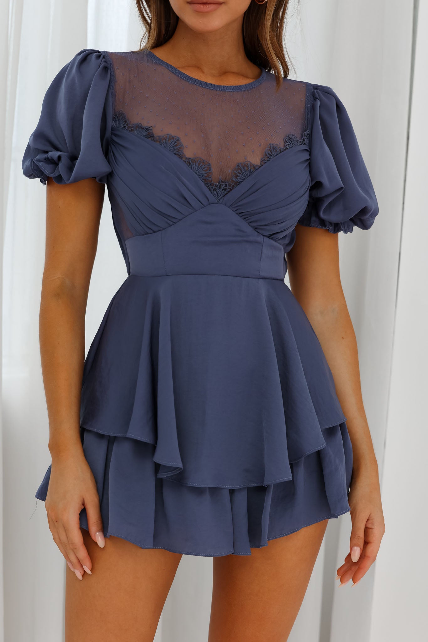L'amour Lace Mesh Bust Puff Sleeve Romper Midnight Blue by Selfie Leslie