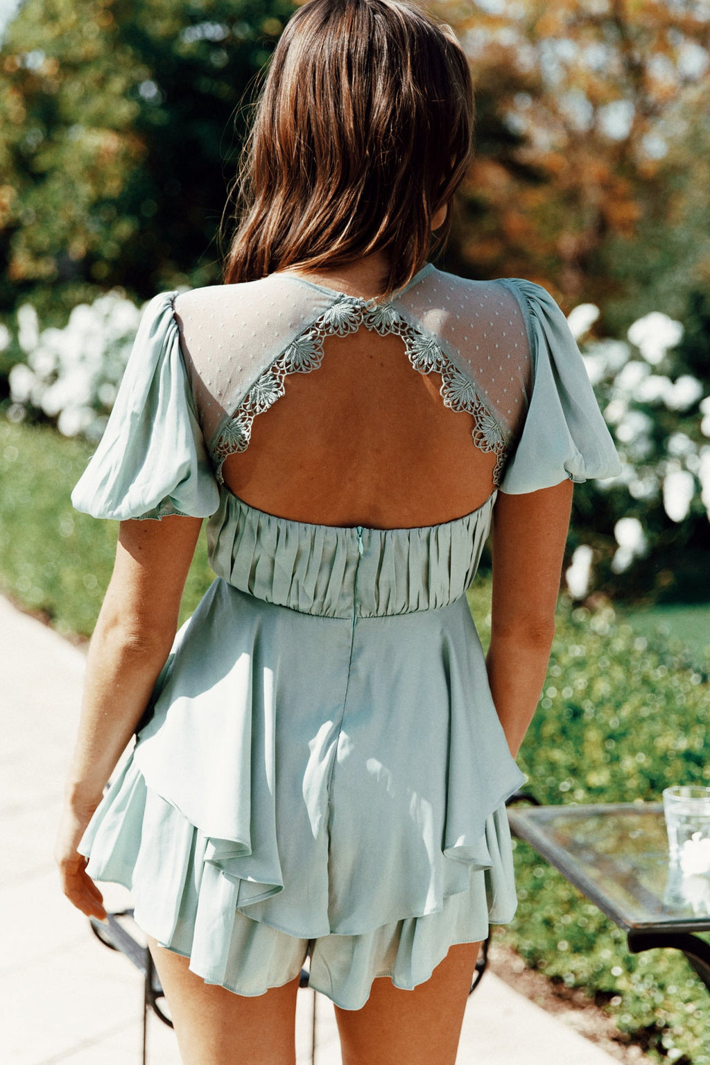 L'amour Lace Mesh Bust Puff Sleeve Romper Pistachio by Selfie Leslie