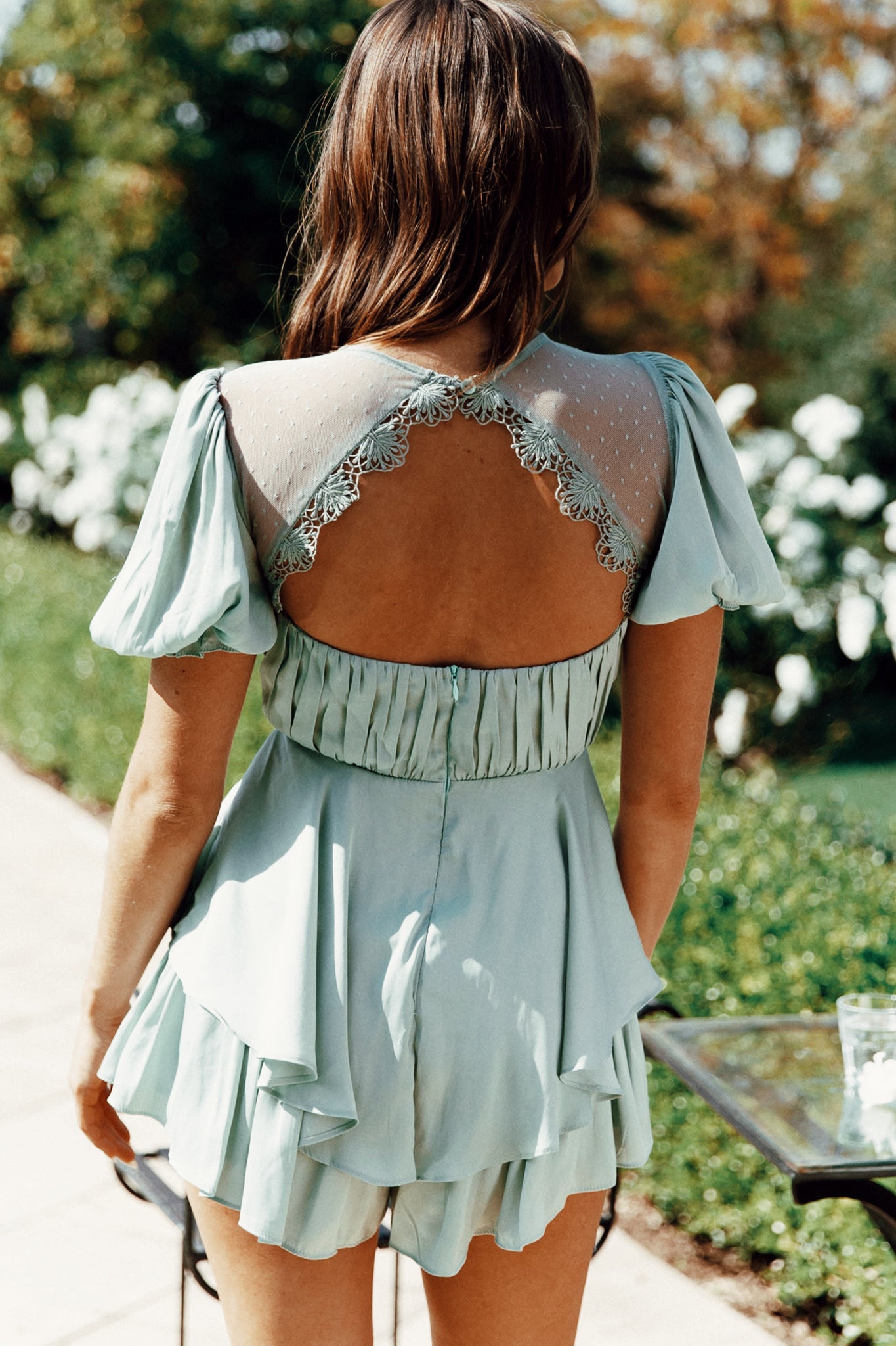 L'amour Lace Mesh Bust Puff Sleeve Romper Pistachio by Selfie Leslie