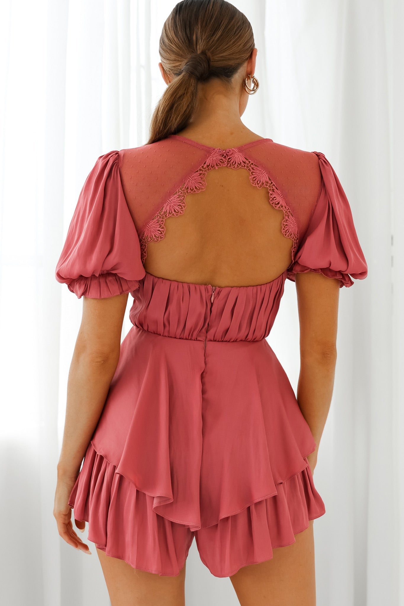 L'amour Lace Mesh Bust Puff Sleeve Romper Rose by Selfie Leslie