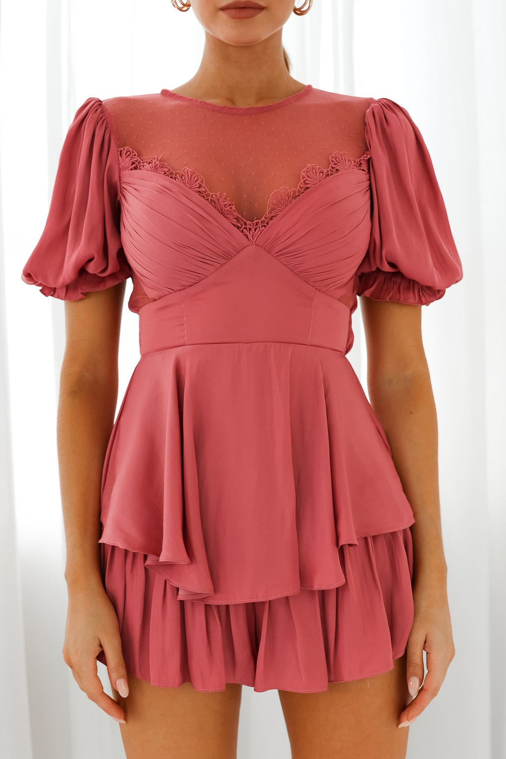 L'amour Lace Mesh Bust Puff Sleeve Romper Rose by Selfie Leslie