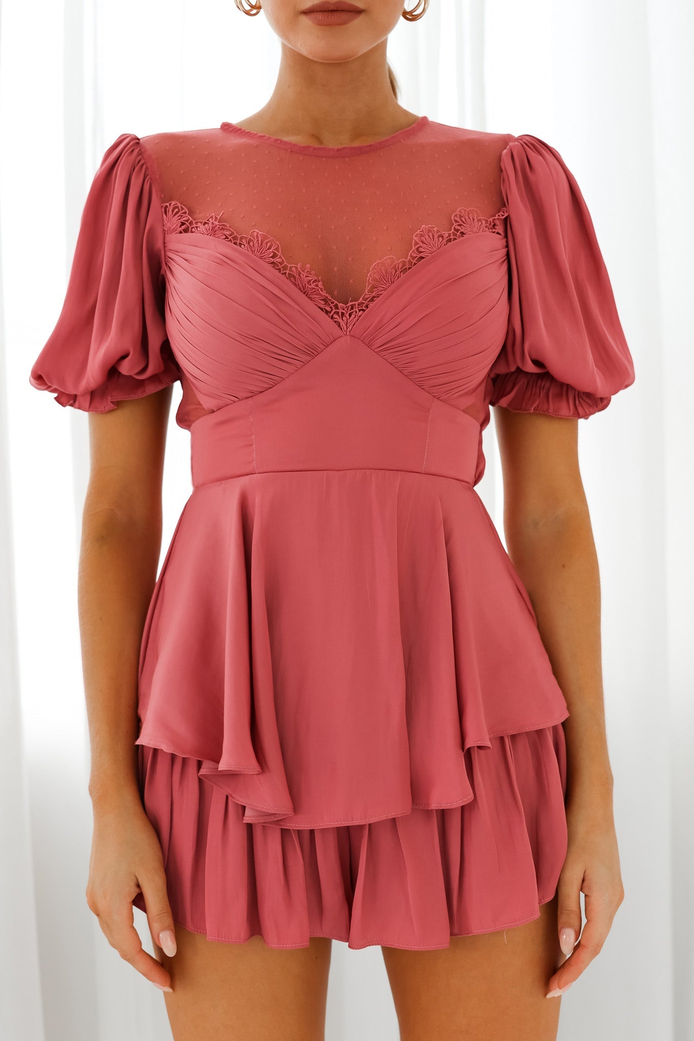 L'amour Lace Mesh Bust Puff Sleeve Romper Rose by Selfie Leslie