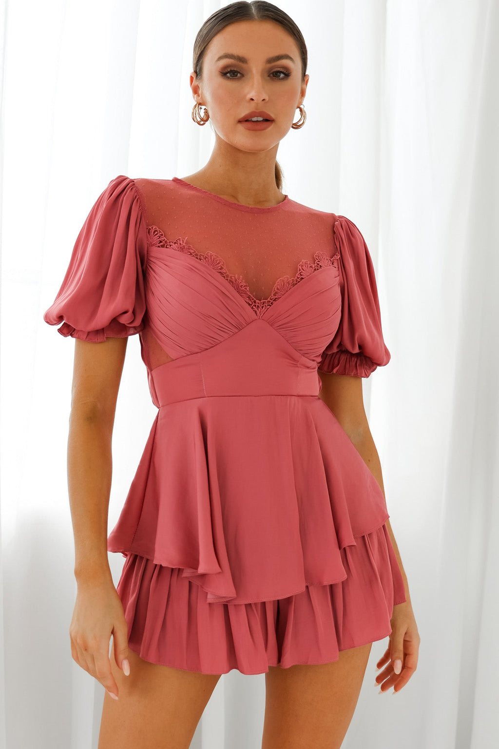 L'amour Lace Mesh Bust Puff Sleeve Romper Rose by Selfie Leslie