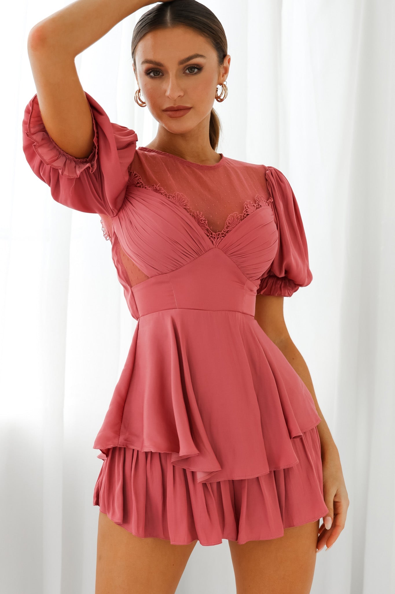 L'amour Lace Mesh Bust Puff Sleeve Romper Rose by Selfie Leslie