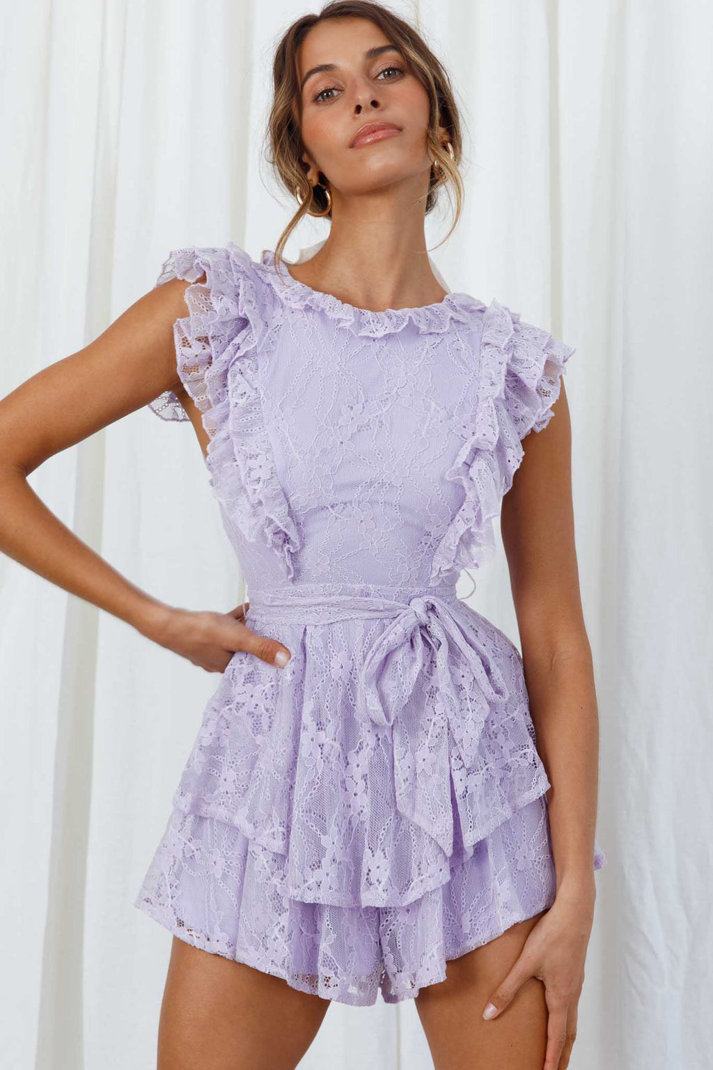 Spring Fling Frill Trim Waist Tie Lace Romper Lilac by Selfie Leslie