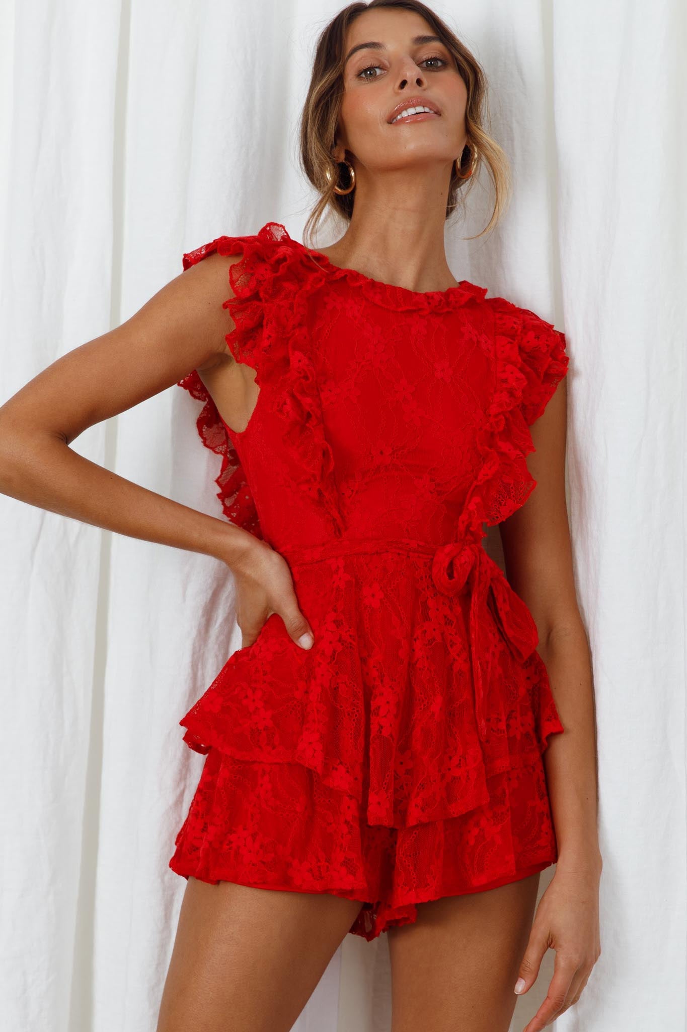 Spring Fling Frill Trim Waist Tie Lace Romper Red by Selfie Leslie