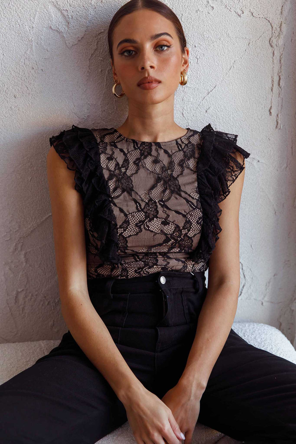 Spring Fling Frill Trim Lace Bodysuit Black by Selfie Leslie