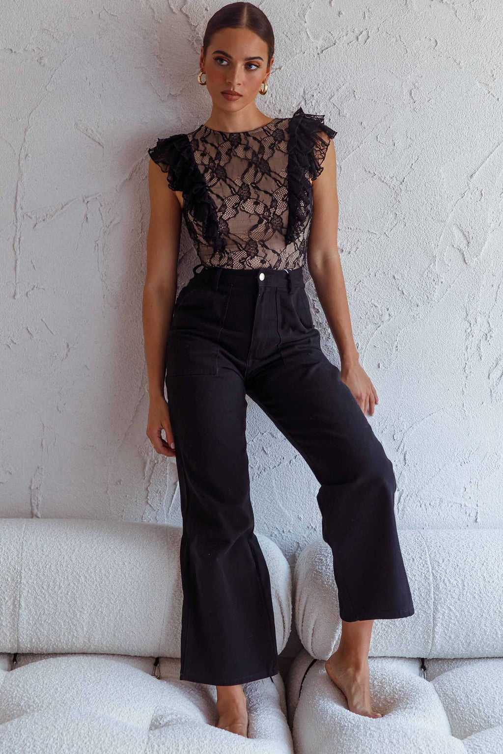 Spring Fling Frill Trim Lace Bodysuit Black by Selfie Leslie