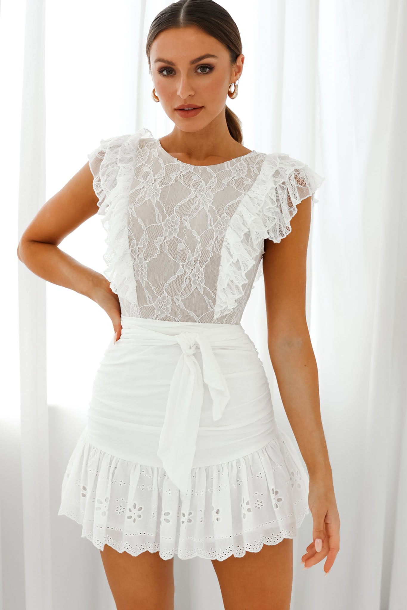 Spring Fling Frill Trim Lace Bodysuit White by Selfie Leslie
