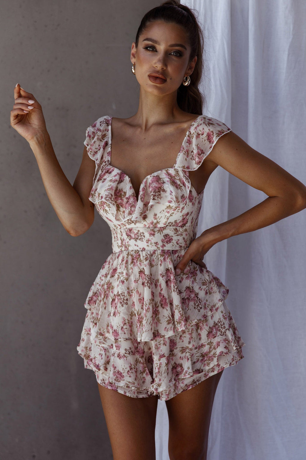 Revel Ruffle Trim Tied Back Romper Floral Pink by Selfie Leslie