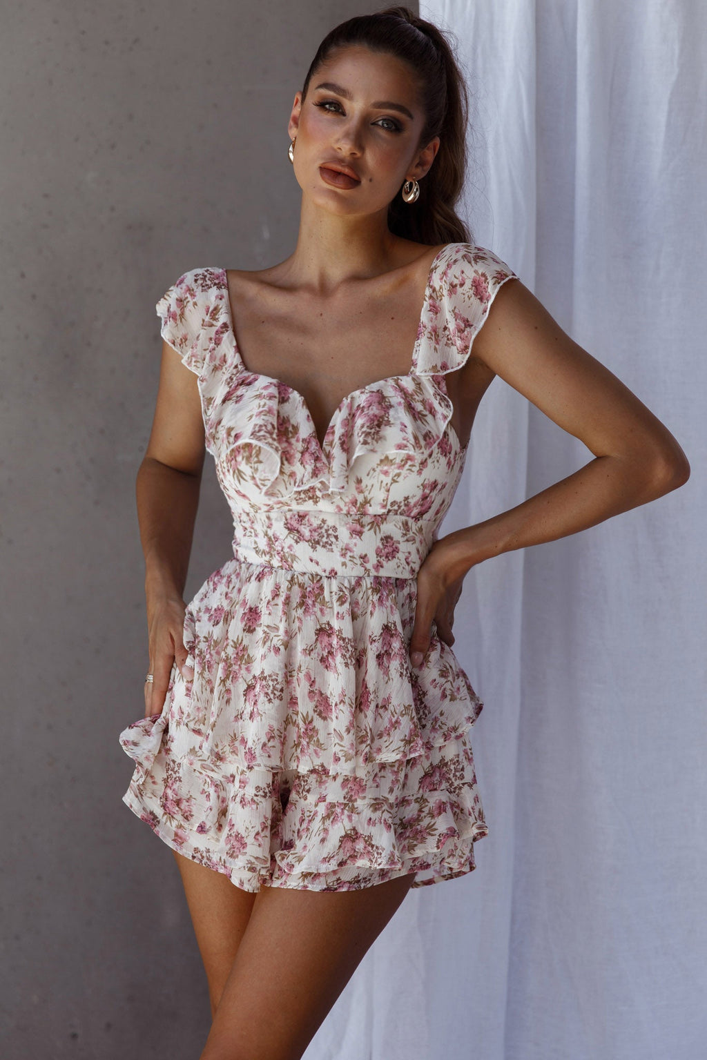 Revel Ruffle Trim Tied Back Romper Floral Pink by Selfie Leslie