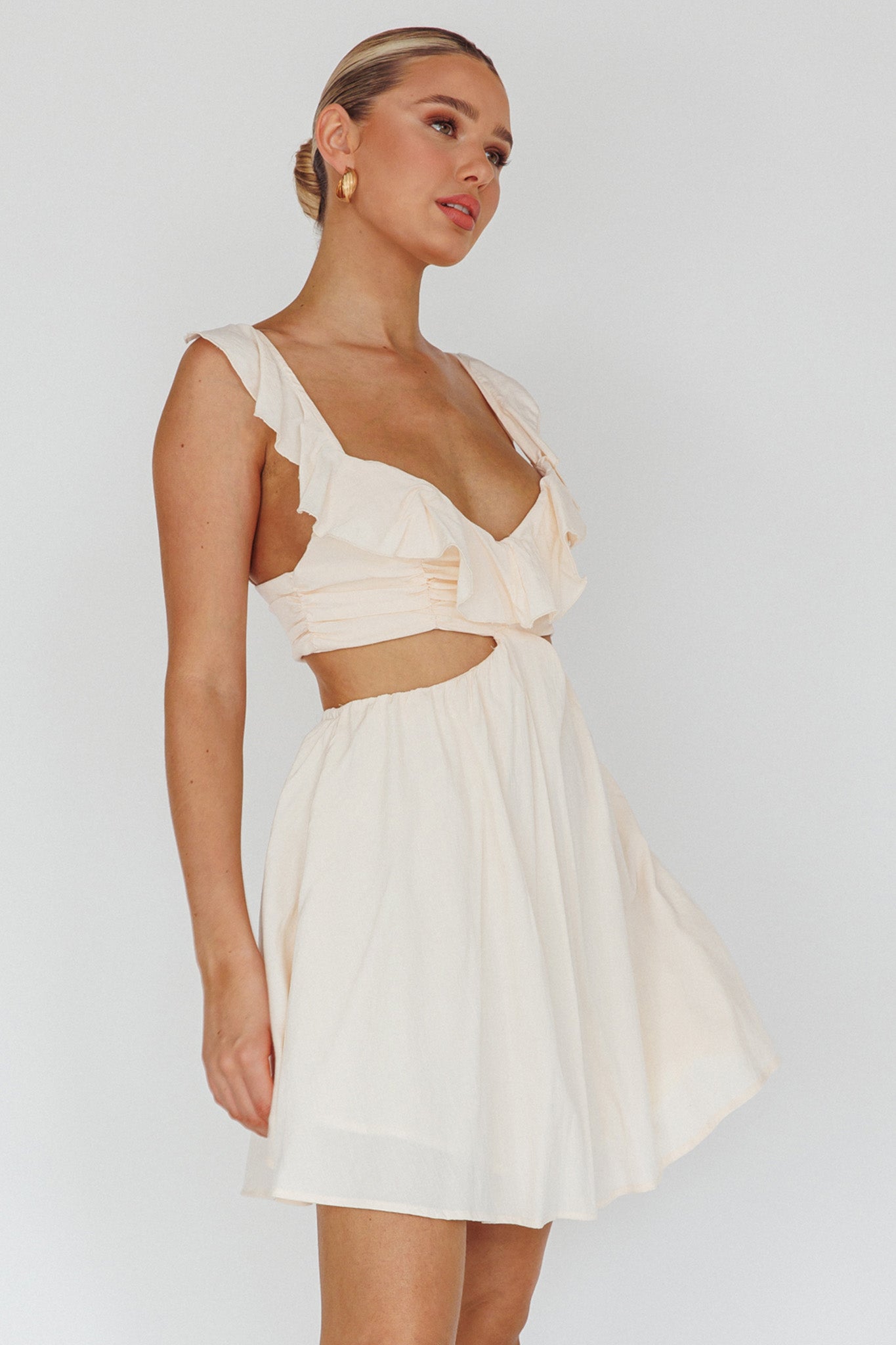 Revel Ruffle Trim Cut-Out Waist Dress Ivory by Selfie Leslie Australia