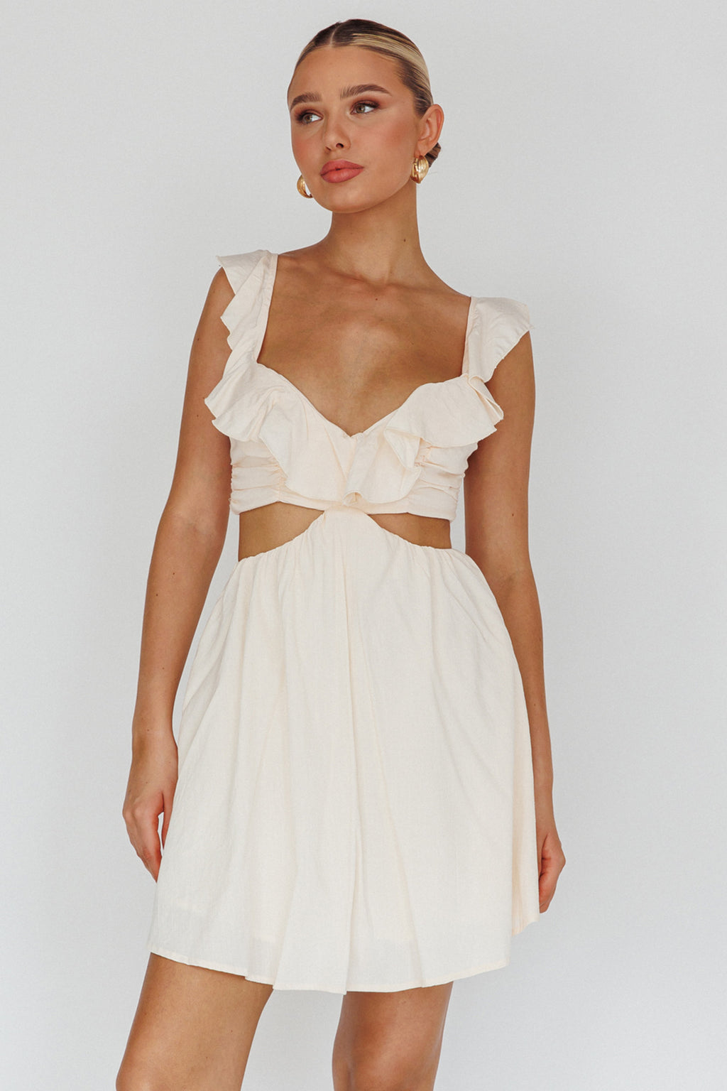 Revel Ruffle Trim Cut-Out Waist Dress Ivory by Selfie Leslie Australia