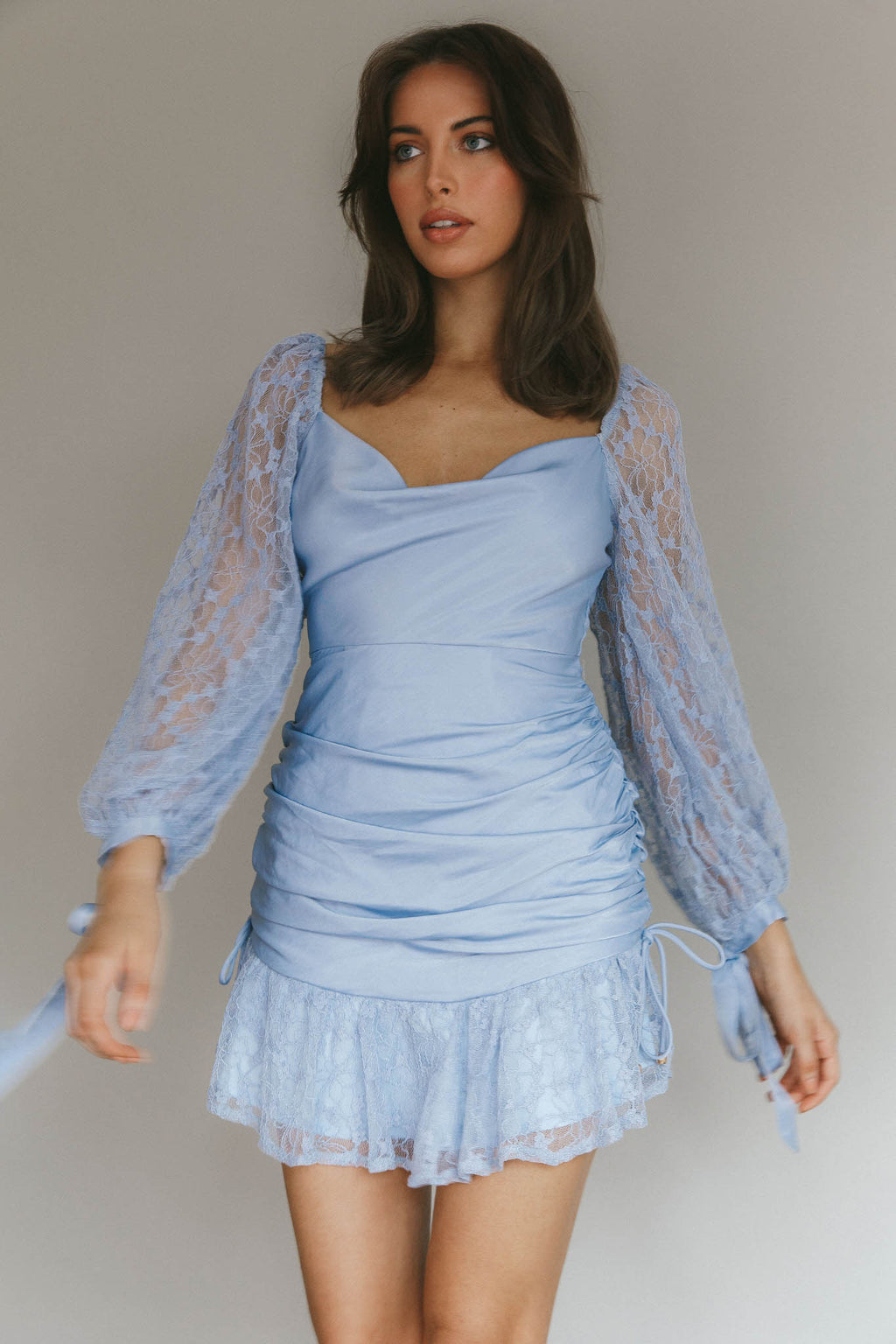 With Love Long Sleeve Lace Mini Dress Blue by Selfie Leslie Australia