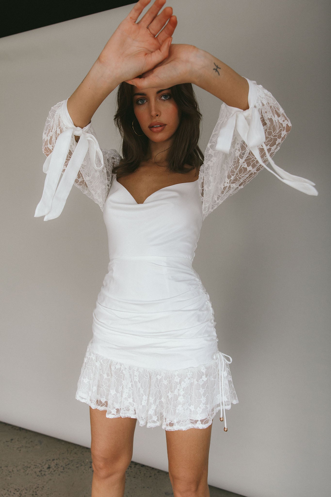 knee length dresses for ladies Honey Couture MICHELLE White Lace & Crochet Bodycon Dress main image 1