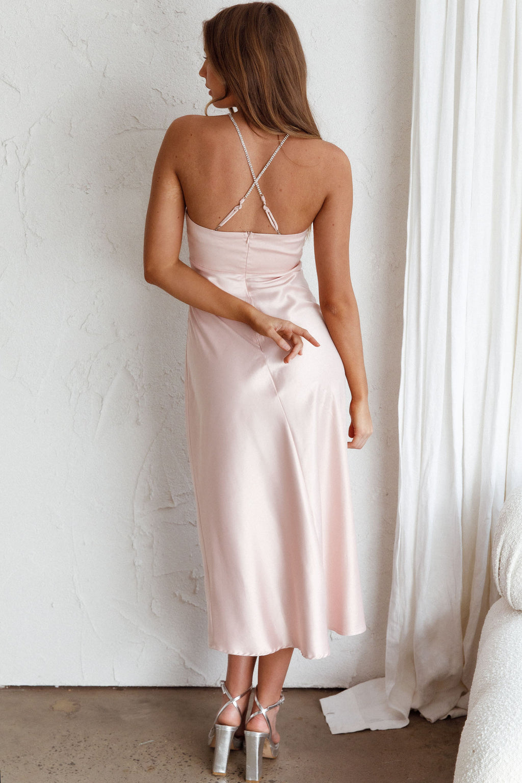 Venetia Diamante Strap Midi Dress Blush by Selfie Leslie Australia