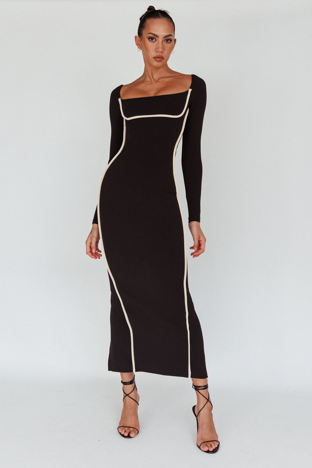 Sunny Coast Long Sleeve Piping Maxi Dress Black by Selfie Leslie Australia