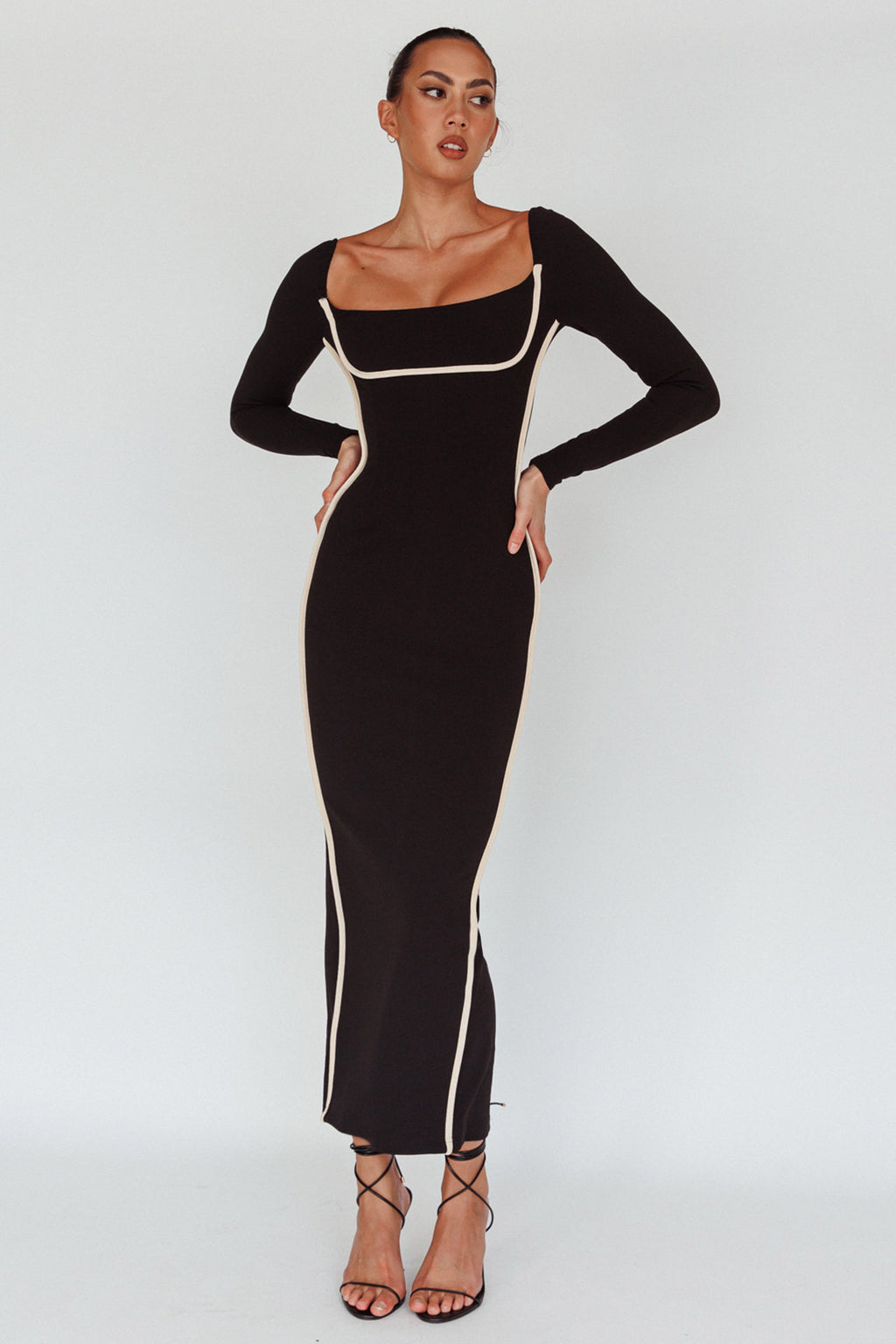 Sunny Coast Long Sleeve Piping Maxi Dress Black by Selfie Leslie Australia