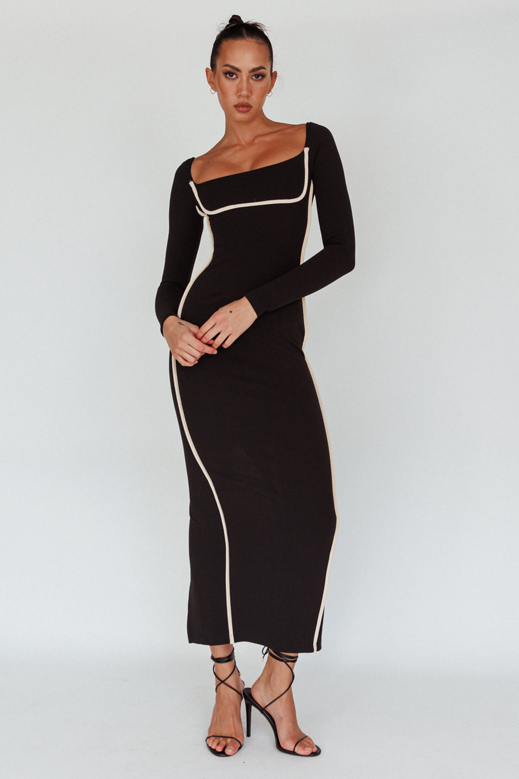 Sunny Coast Long Sleeve Piping Maxi Dress Black by Selfie Leslie Australia