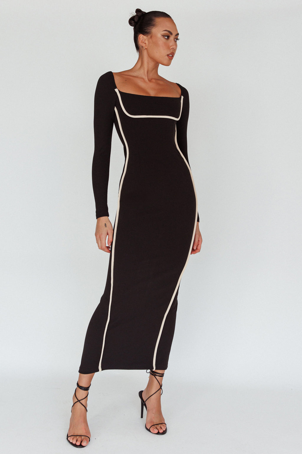Sunny Coast Long Sleeve Piping Maxi Dress Black by Selfie Leslie Australia