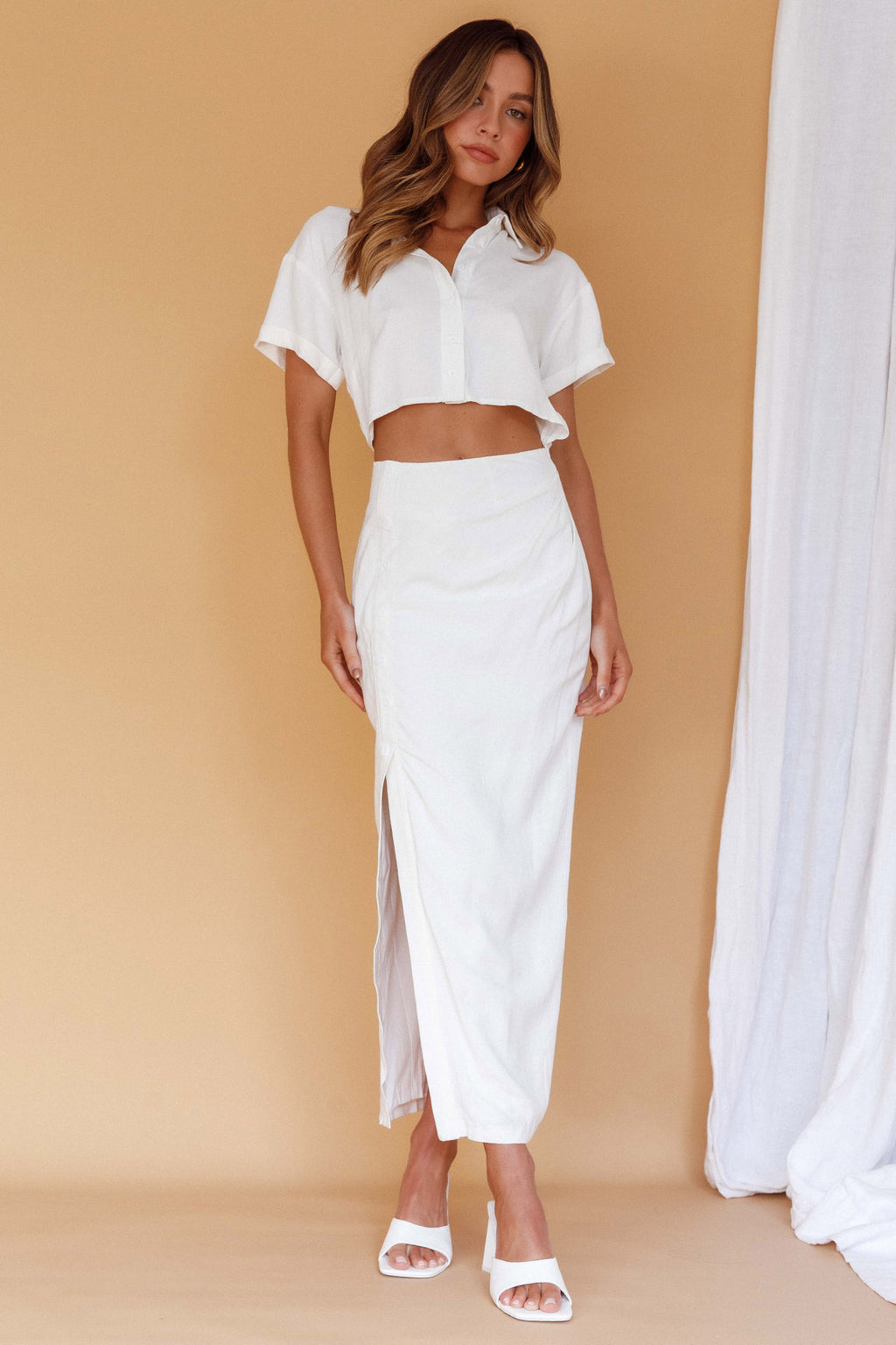 Cool It Cut-Out Waist Button Midi Dress Bone by Selfie Leslie Australia
