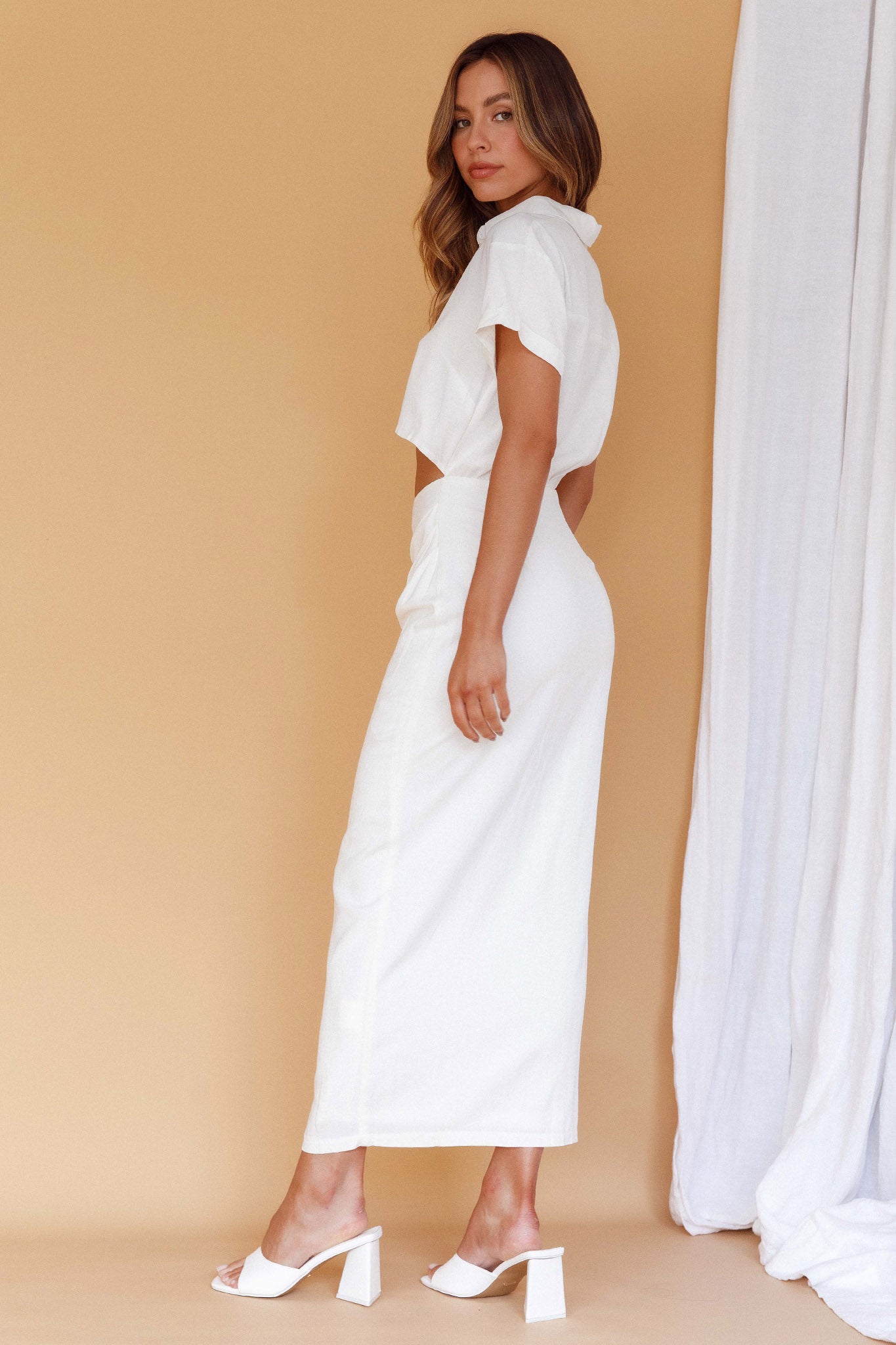 Cool It Cut-Out Waist Button Midi Dress Bone by Selfie Leslie Australia