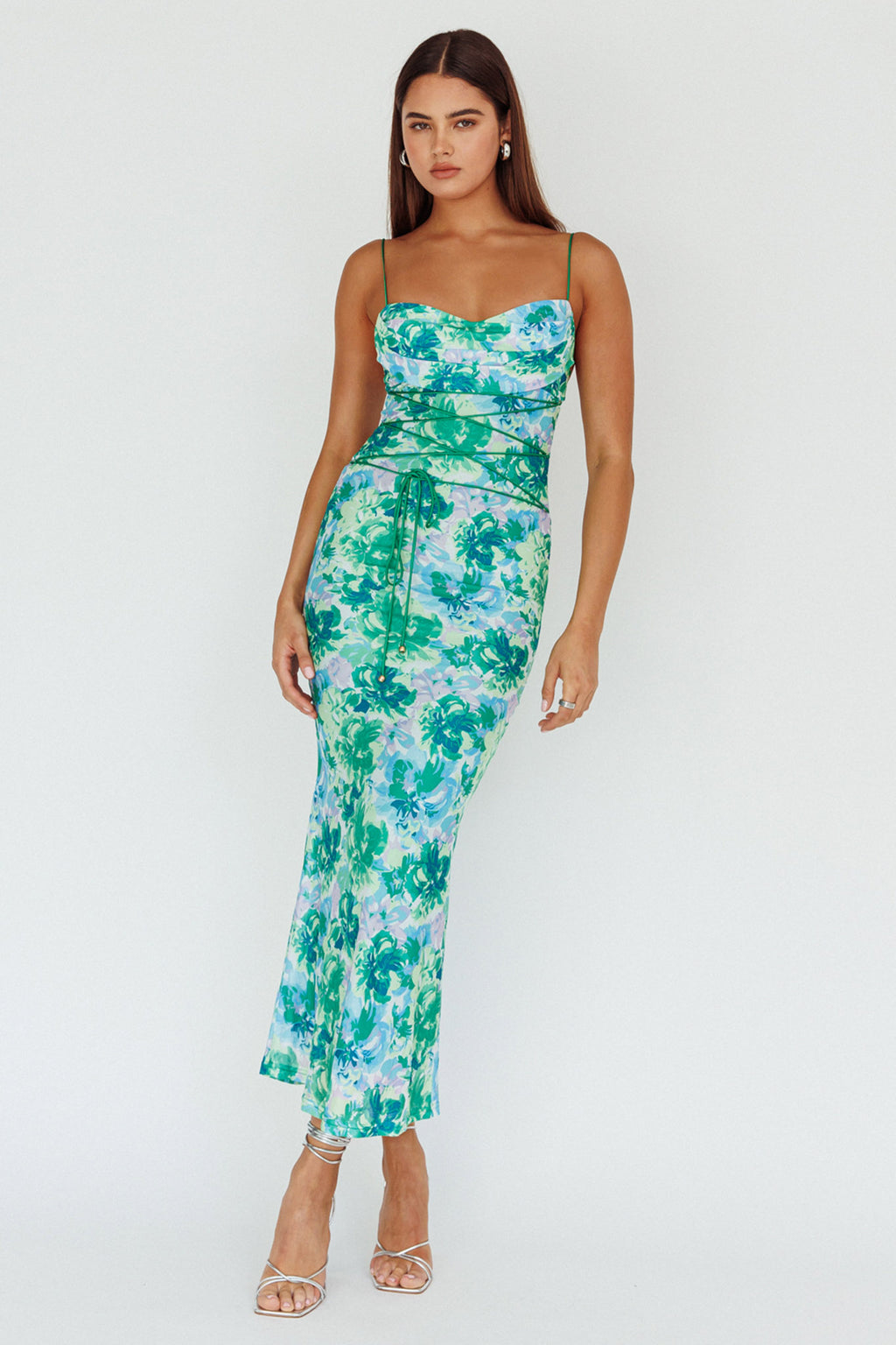 Teava Laced Waist Midi Dress Floral Green by Selfie Leslie Australia