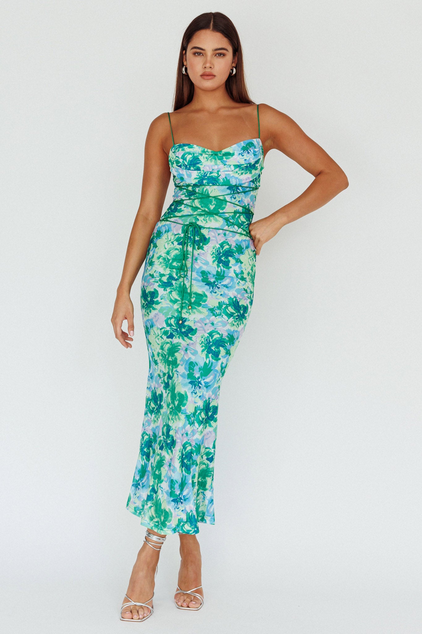 Teava Laced Waist Midi Dress Floral Green by Selfie Leslie Australia
