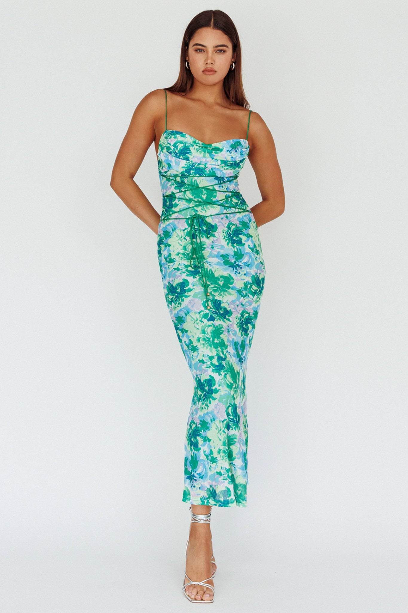 Teava Laced Waist Midi Dress Floral Green by Selfie Leslie Australia