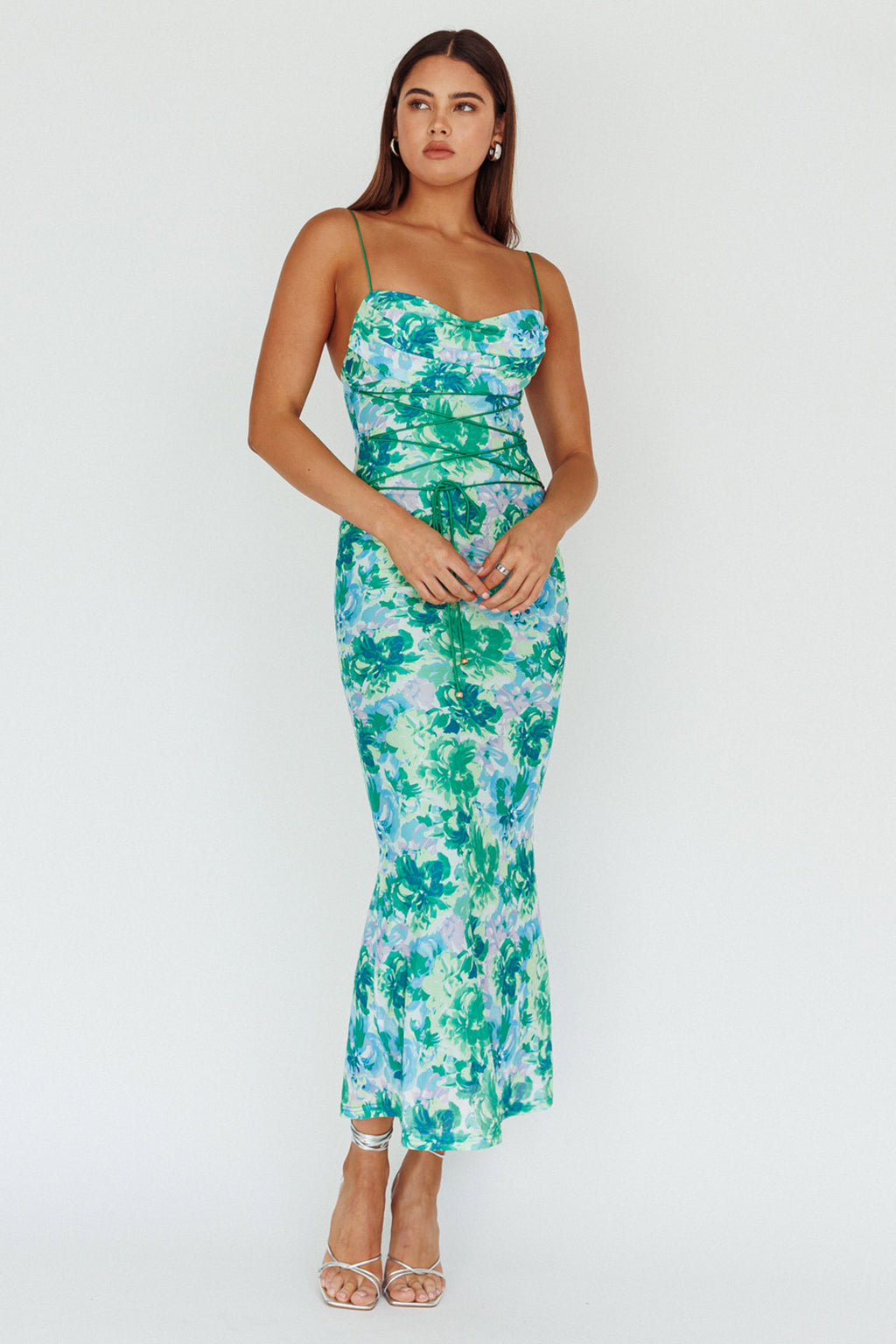 Teava Laced Waist Midi Dress Floral Green by Selfie Leslie Australia
